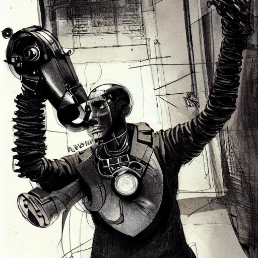 Image similar to cyborg male, slim, short hair, small scar on the chin, leather jacket with steampunk elements, one robotic arm and big shoes, book cover, deep shadows, by Dave McKean sketch lineart for character design