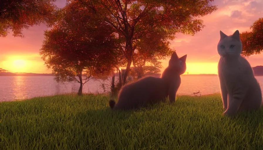 Prompt: cats sitting on grass looking the sunset on the lake, japan, volumetric light, hyperdetailed, artstation, cgsociety, 8 k