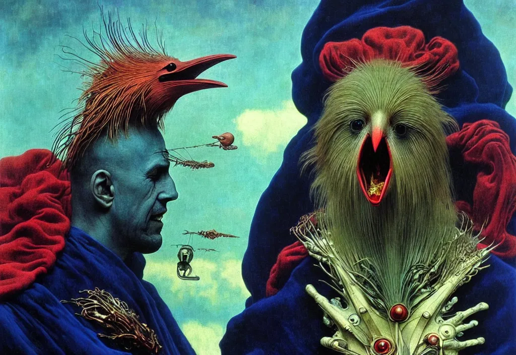 Prompt: realistic detailed portrait movie shot of a birdman wearing black robes, sci fi landscape background by denis villeneuve, amano, yves tanguy, alphonse mucha, ernst haeckel, max ernst, roger dean, masterpiece, rich moody colours, snarling dog teeth, blue eyes