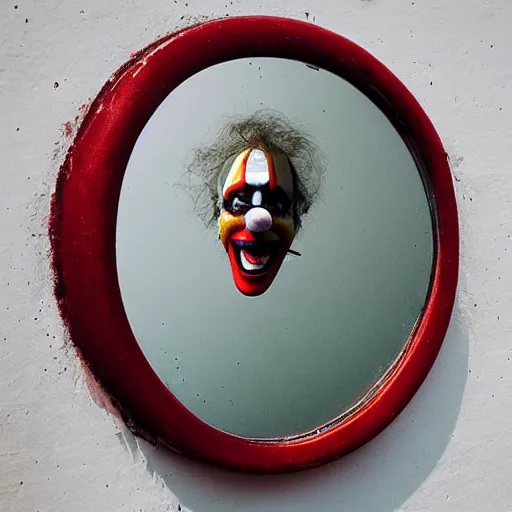 Prompt: “creepy smiling clown reflected in a broken mirror, 70mm”