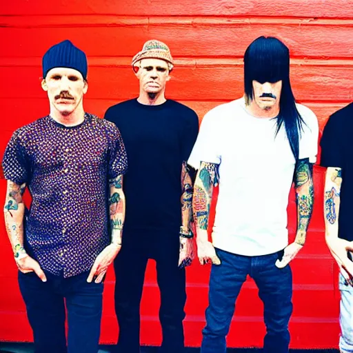 Image similar to red hot chili peppers, band photo, high quality