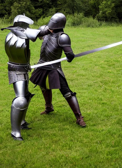 Image similar to modern sword fight in full armor on a field