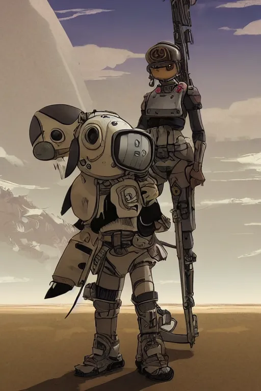 Image similar to anthropomorphic rodent with white and black ancestral ornate japanese tactical gear on an abandonment desert planet, long shot, rule of thirds, golden ratio, graphic novel by fiona staples and dustin nguyen, by beaststars and orange, peter elson, alan bean, studio ghibli, makoto shinkai