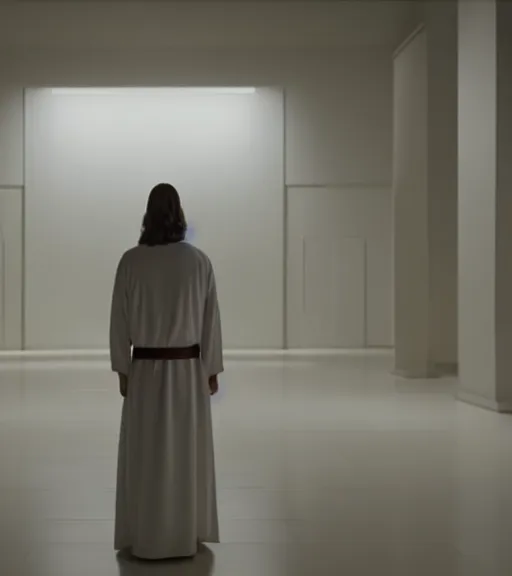 Prompt: Jesus in a white empty room, film still from the movie directed by Denis Villeneuve, wide lens, oil painting