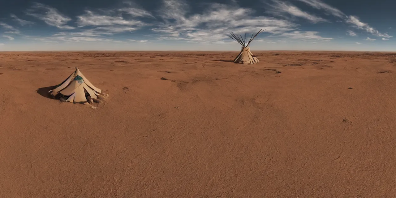 Image similar to equirectangular projection of a western desert meets science fiction movie scene, alien landscape, flying saucer and a native american teepee 8 k