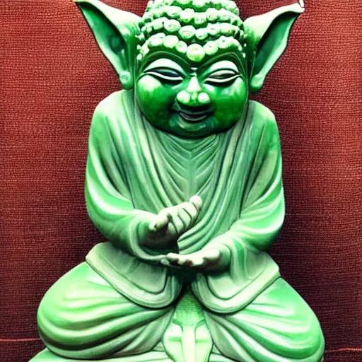 Image similar to half - length portrait of a life - sized elaborate jade sculpture of buddha reimagined as yoda