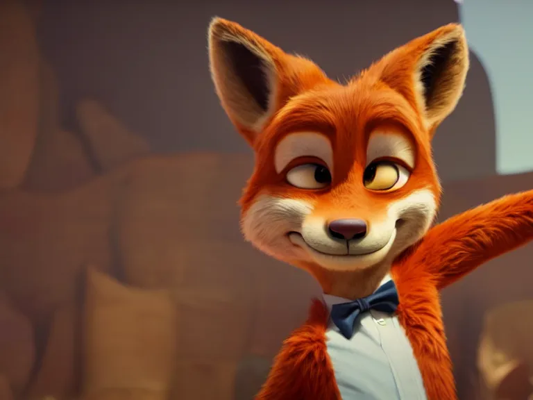 Prompt: a film still from zootopia main character portrait anthro anthropomorphic fox head animal person fursona nick wilde pixar and disney animation, sharp, rendered in unreal engine 5, anime key art by greg rutkowski, bloom, dramatic lighting chaotic cursed werewolf