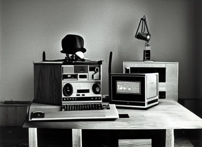 Image similar to realistic photo portrait of the a computer of wood, poorly designed in style of arte povera, fluxus, dadaism, joseph beuys, ugly made, levitating in the living room wooden walls 1 9 9 0, life magazine reportage photo