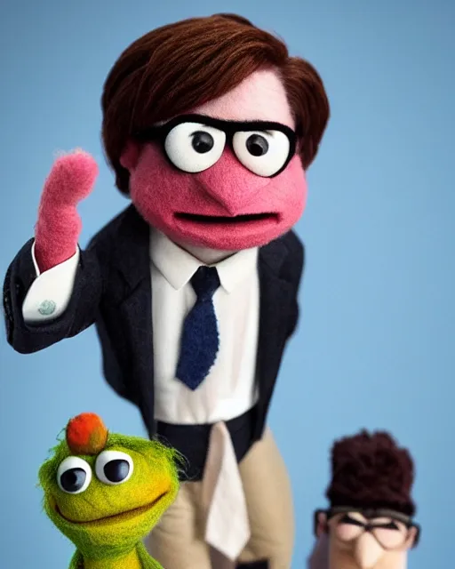 Image similar to film still from the office, dwight schrute as a muppet. highly detailed felt. hyper real photo. 4 k.