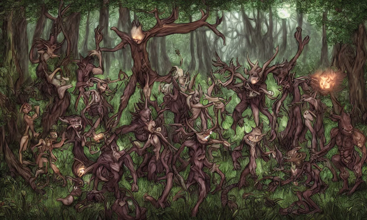 Prompt: Faeries and gnomes fighting a Wendigo in an enchanted forest, photorealistic, dark, digital painting