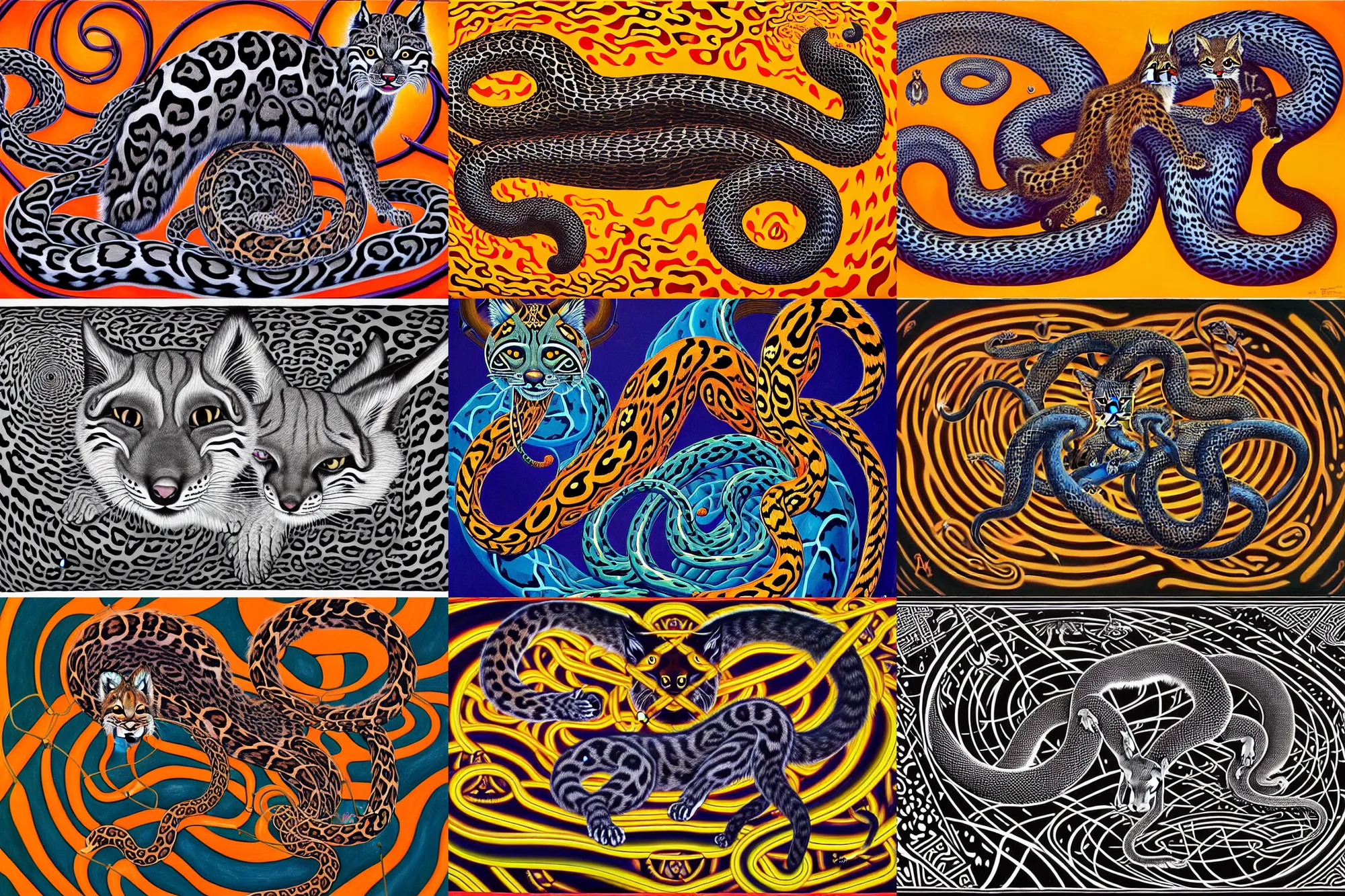 Prompt: a detailed painting of a magick polecat occult effigy beautiful lynx fur that is a crescent shaped leopard atomic latent snakes in between autobiological cybernetic ferret resurgence of snake phonkadelic ferret in the style of escher, alex grey, kubrick inspired by realism, symbolism, magical realism and dark fantasy, clear, crisp,