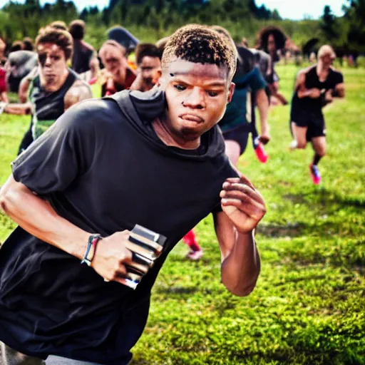 Image similar to photograph of an athletic man holding a bible while running. Bible is in their hands. Zombies in the background. Track and field event. DSLR Photography