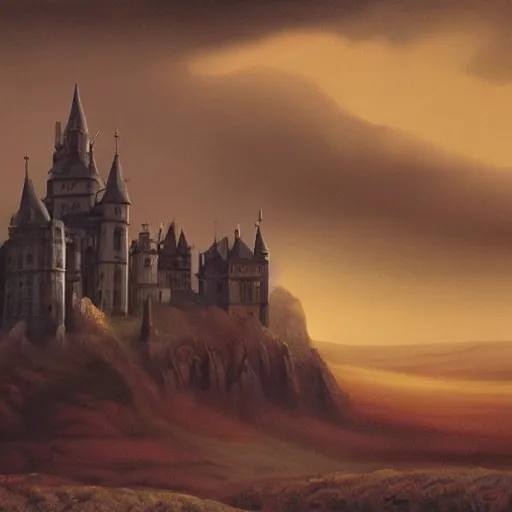 Prompt: a haunting castle in the style of zdzlaw bekinski (oil on canvas), matte painting.