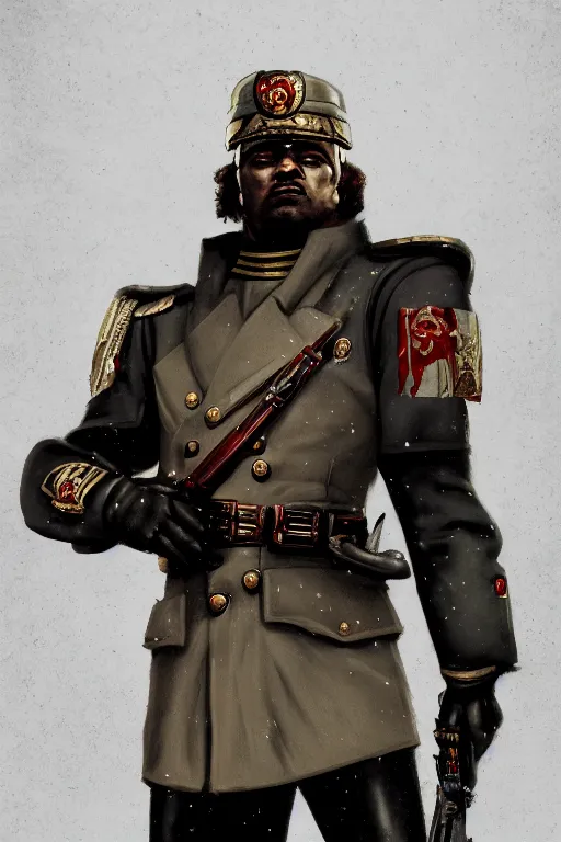 Image similar to Portrait of Male commissar. warhammer 40k setting. Shaded lighting. by Ilya Kuvshinov, Rob Rey, Giuseppe Dangelico Pino. Cinematic. Dark Lighting. Rule of Thirds. Imposing, pointing, heroic, detailed, realistic, 8k, photorealistic, detailed eyes, detailed background