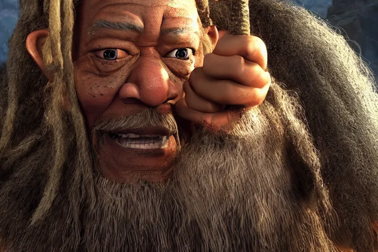 Prompt: morgan freeman starring as gimli in lord of the rings, full body, still from a pixar movie, high quality 3 d render, movie, pixar, renderman, 4 k, artstation