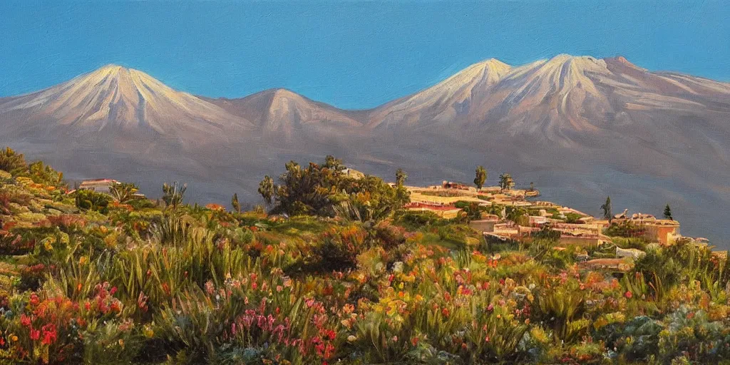 Prompt: Oil painting, highly detailed, romantic style, Tenerife landscale with snow capped mount Teide dominating the center