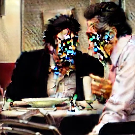 Image similar to movie still of the dinner scene in Heat, rendering of al pacino and robert de niro as old men, cinematic,