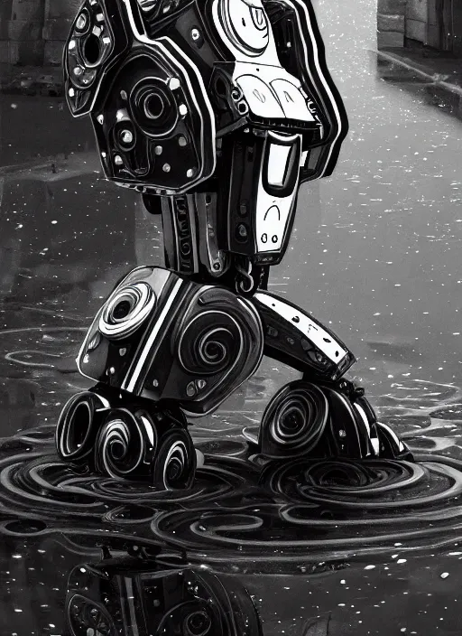 Prompt: a very detailed robot, bent over the reflection in a puddle, black and white, manga, perfectly face, highly detailed, masterpiece, artstation, golden ratio, soft light, perfect intricate highly detailed, detailed, painting by jemes jean, digital lines, 8 k