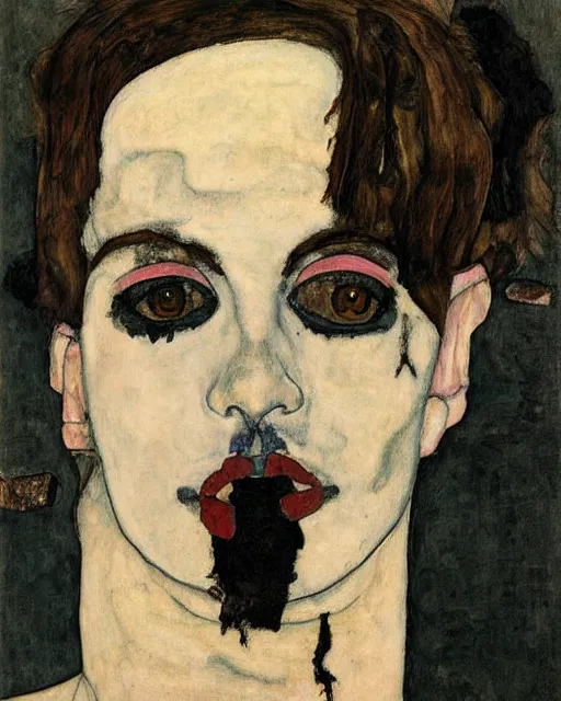 Image similar to A goth portrait painted by Egon Schiele. Her hair is dark brown and cut into a short, messy pixie cut. She has a slightly rounded face, with a pointed chin, large entirely-black eyes, and a small nose. She is wearing a black tank top, a black leather jacket, a black knee-length skirt, a black choker, and black leather boots.