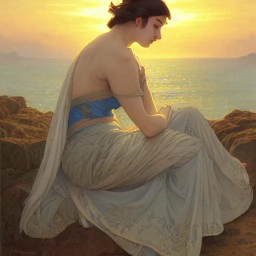 Prompt: blue numenor at sunset, intricate, elegant, highly detailed, digital painting, artstation, concept art, smooth, sharp focus, illustration, art by artgerm and greg rutkowski and alphonse mucha and william - adolphe bouguereau