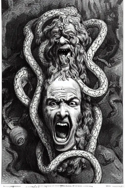 Prompt: very detailed ink drawing of a screaming head of Hercules with snakes coming out from his eyes by gustave dore, poster, fine art