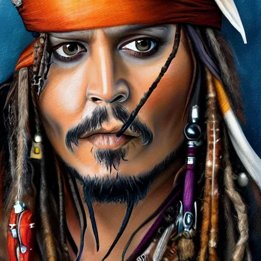 Image similar to portrait of johnny depp as captain jack sparrow, highly detailed, centered, solid color background, digital painting