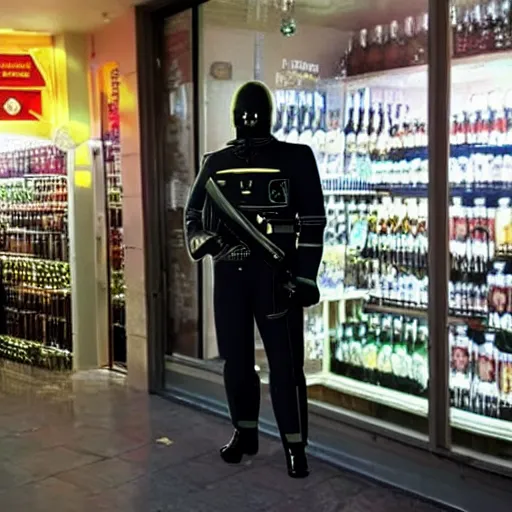 Image similar to photo of the first russian robot policeman guarding a vodka store, babushkas visible in the background