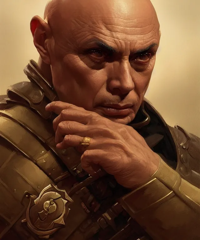 Prompt: Yul Brynner as a very angry bald general, portrait, intricate, elegant, highly detailed, digital painting, artstation, concept art, smooth, sharp focus, illustration, art by artgerm and greg rutkowski and alphonse mucha