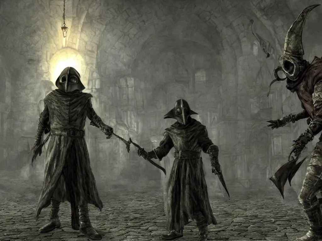 Image similar to plague doctor in Demon Souls Valley of Defilement