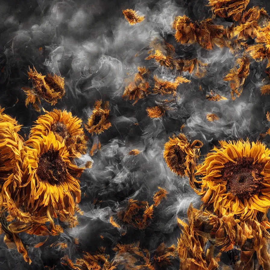 Prompt: Detailed rendering and digital dynamic painting of brown withered sunflowers falling around in smoke and whirlwind, vibrant and vivid, smooth, soft, dark, bright, heavenly, elegant, swirls, twirling, twisted, cinematic, unreal, high contrast, HDR, 4k, artstation, cgsociety, magical, mesmerizing, mystical, mystifying, obscure, perplexing, zbrush, octane, hyperrealistic