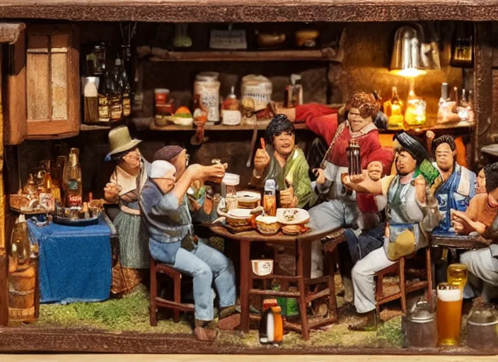 Image similar to group of travelers drinking beer & singing in a tavern as tiny miniatures diorama, directed by Nobuhiko Obayashi