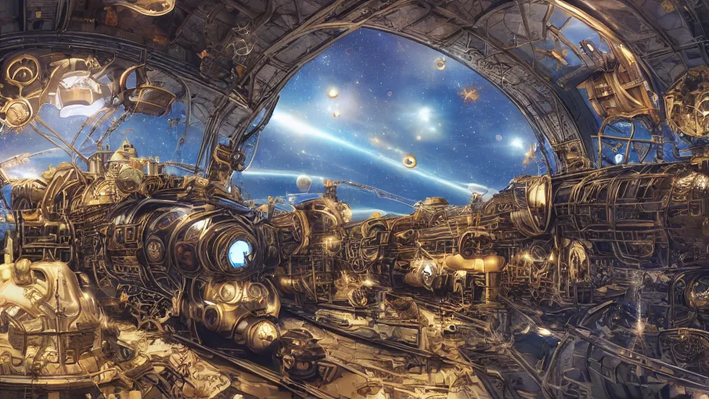 Image similar to Steampunk space train is leaving earth. Extremely detailed. Wide angle shot, 4K. Set in space