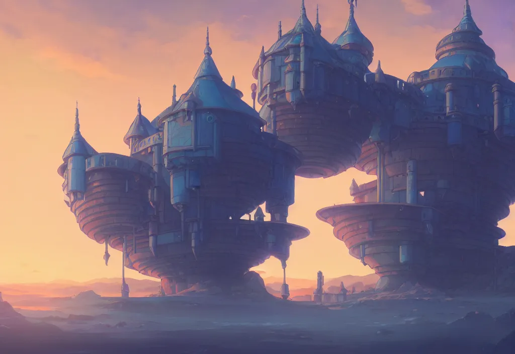 Prompt: a small chubby blue futuristic castle at dawn, intricate oil painting, high detail illustration, sharp high detail, manga and anime 1 9 9 9, official fanart behance hd artstation by jesper ejsing and makoto shinkai, 4 k,