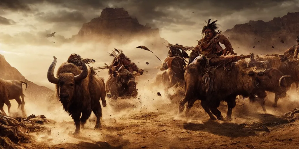 Image similar to indian tribe on wood ATV attacking bisons, action scene, an epic western, dramatic lighting, cinematic, establishing shot, extremely high detail, photorealistic, cinematic lighting, artstation, octane render, old photo, buffalo hunt movie, alpha movie, western