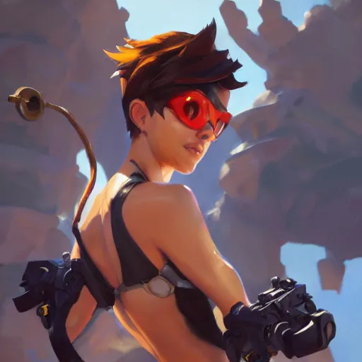 Prompt: greg manchess splashart painting of overwatch's tracer in a bikini, overwatch art team, cinematic composition, award winning art, octane render