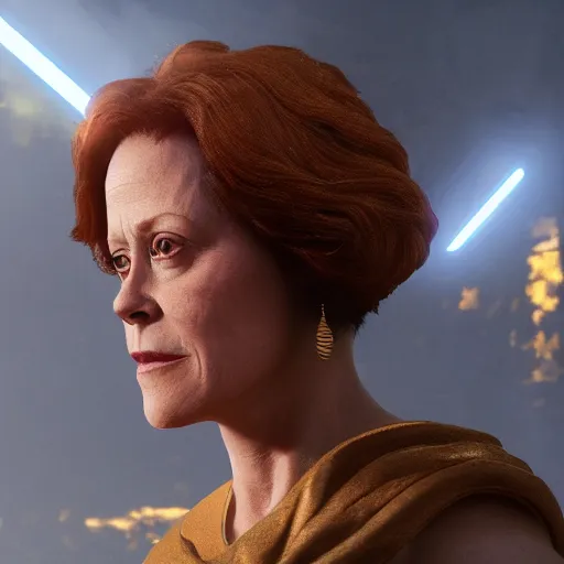 Prompt: sigourney weaver as goddess athena, hyperdetailed, hyperrealistic, volumetric lights, golden hour, 8 k, trending on artstation