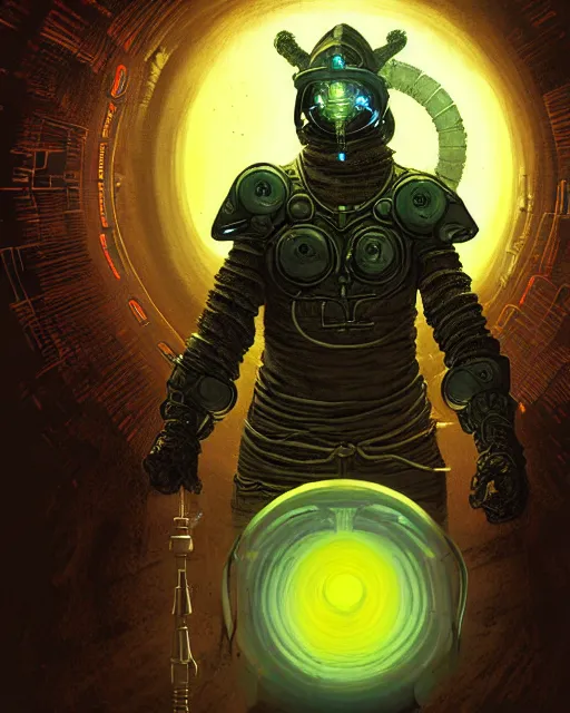 Image similar to a fed up cyber astro monk like from skyrim and elden ring and grand theft auto and overwatch, character portrait, portrait, close up, concept art, intricate details, extremely detailed, realistic vintage sci - fi poster, in the style of chris foss, rodger dean, moebius, michael whelan, lumi, and gustave dore