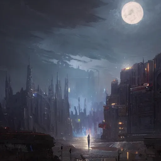 Prompt: a cyberpunk setting, dramatic light, castle background, clouds, moon, storm, night, high detail, fantasy background, painted by greg rutkowski, digital art, trending on artstation