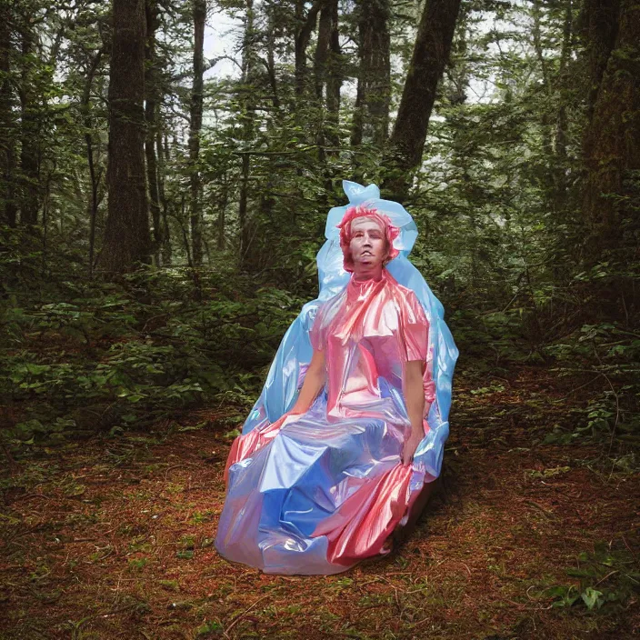 Image similar to a color photograph, closeup portrait of a woman wrapped in plastic, sitting in a plastic throne, in smokey mountains national park, color photograph, by vincent desiderio, canon eos c 3 0 0, ƒ 1. 8, 3 5 mm, 8 k, medium - format print