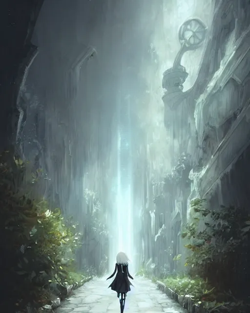 Image similar to infinitely detailed concept art of angel elegantly clothed strolling through a peaceful path, artstation!! / pixiv!!! infinitely detailed, nier automata scenery art concept, dream magical, dream scenery art, dream lighting, full - body majestic angel vivid artwork