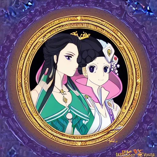 Image similar to a scene of two beautiful queens facing each other in front of a throne, symmetrical faces, detailed anime art