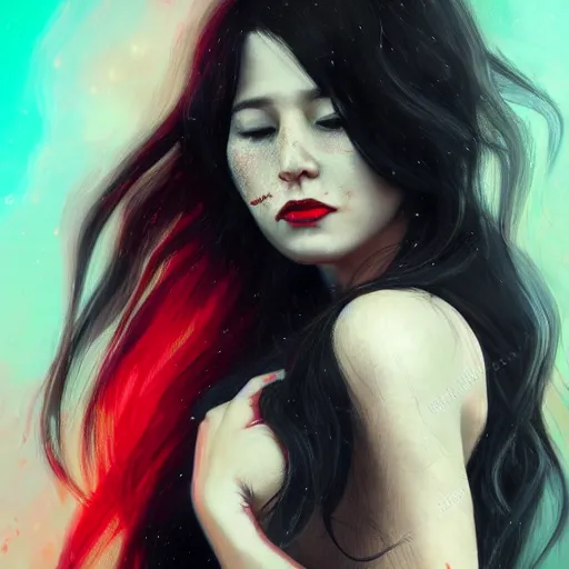 Image similar to masterpiece dynamic portrait of an aesthetic beautiful realistic black haired woman protesting, 3 0 years old woman, mid long hair, black eyed, red peace and love symbol on the cheek, digital painting by wlop, atmospheric red effects, sparkles, artstation, deviantart, large view, motion blur, black background