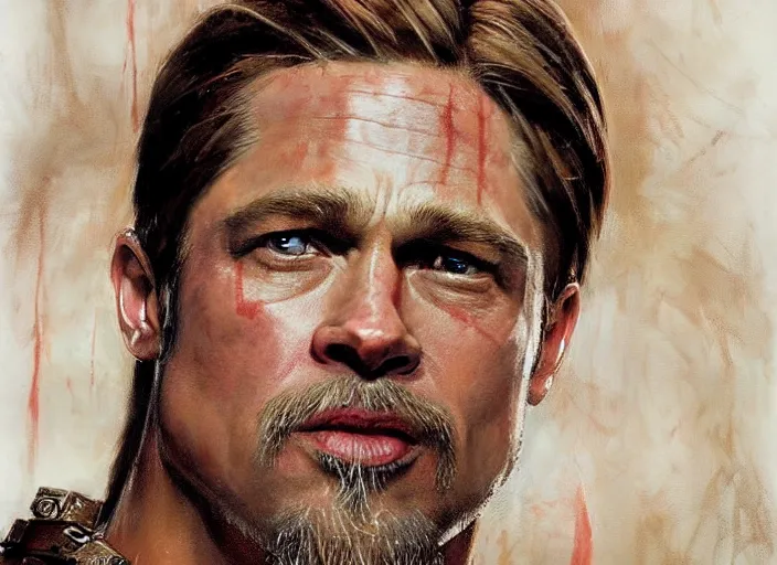 Prompt: a highly detailed beautiful portrait of brad pitt as kratos, by gregory manchess, james gurney, james jean