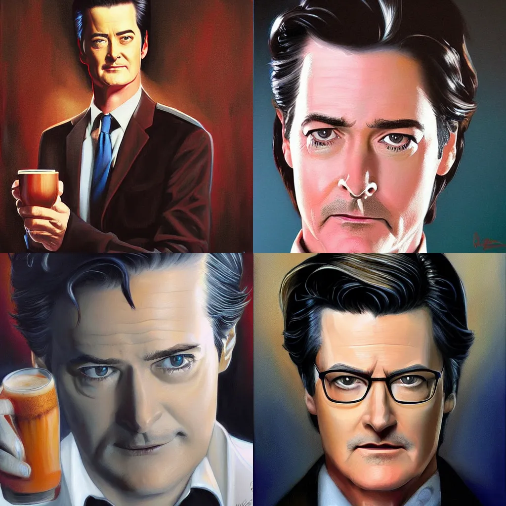 Prompt: painting Kyle MacLachlan Twin Peaks drinks coffee by Mark Brooks