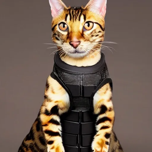 Prompt: bengal cat wearing body armor