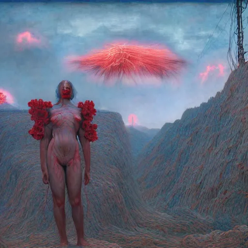 Prompt: A giant monster woman wearing clothes made out of thunder clouds and flowers red skin, mountains, Masterpiece, glowing, wires everywhere, by Edgar Maxence and Ross Tran, Zdzisław Beksiński, and Michael Whelan, distant, gustav dore, H.R. Giger, 8k, octane render