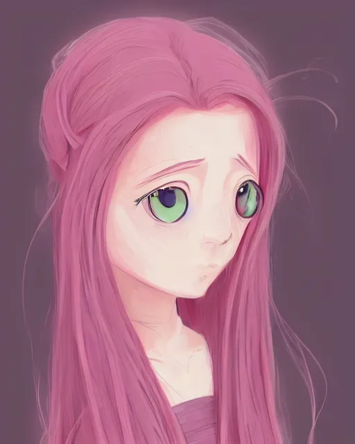 Image similar to a portrait of a young woman with very long pink hair undulating on the wind, light brown eyes, slightly chubby, pale skin, pretty, cute, by ghibli, trending on artstation