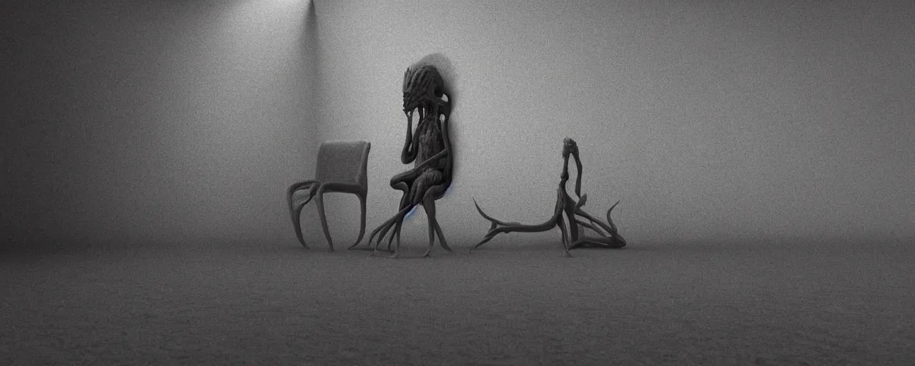 Image similar to a strange creature sits in the home room, film still from the movie directed by Denis Villeneuve with art direction by Zdzisław Beksiński, close up, telephoto lens, shallow depth of field, beautiful detailed intricate insanely detailed octane render, 8K artistic photography, photorealistic