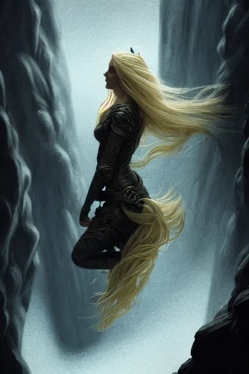 Image similar to A beautiful Norse Goddess with long flowing blonde hair on a ledge od deep abyss fantasy, intricate, elegant, highly detailed, D&D, digital painting, artstation, concept art, matte painting, sharp focus, illustration, extremely moody lighting, glowing light and shadow, atmospheric, shadowy, cinematic, in the style of Greg Rutkowski and artemisia gentileschi and Alphonse Mucha