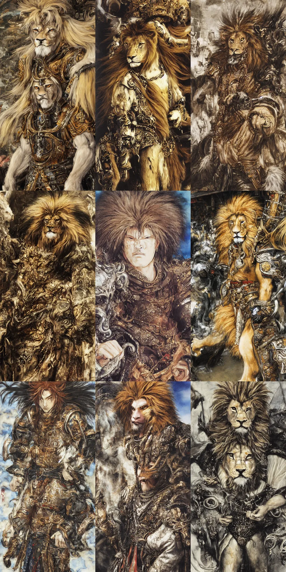 Image similar to 8 k yoshitaka amano painting of upper body of a young cool looking lion beastman with white mane at a medieval market at windy day. depth of field. he is wearing complex fantasy clothing. he has huge paws. renaissance style lighting.